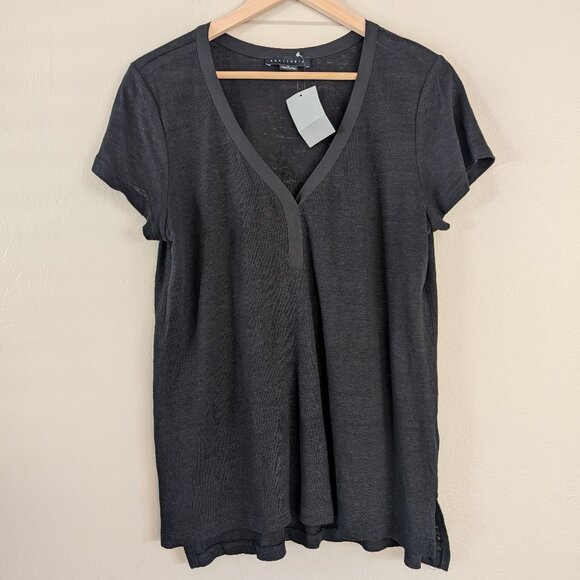 NWT Sanctuary Black Linen Relaxed Fit V-Neck Tee Casual Comfy Minimal Layer M - Picture 1 of 8